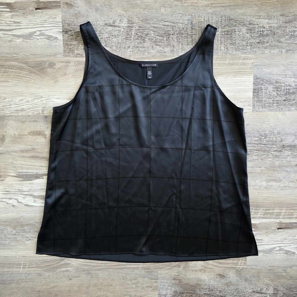 Eileen Fisher Squared Print Satin Tank in Navy Size Large